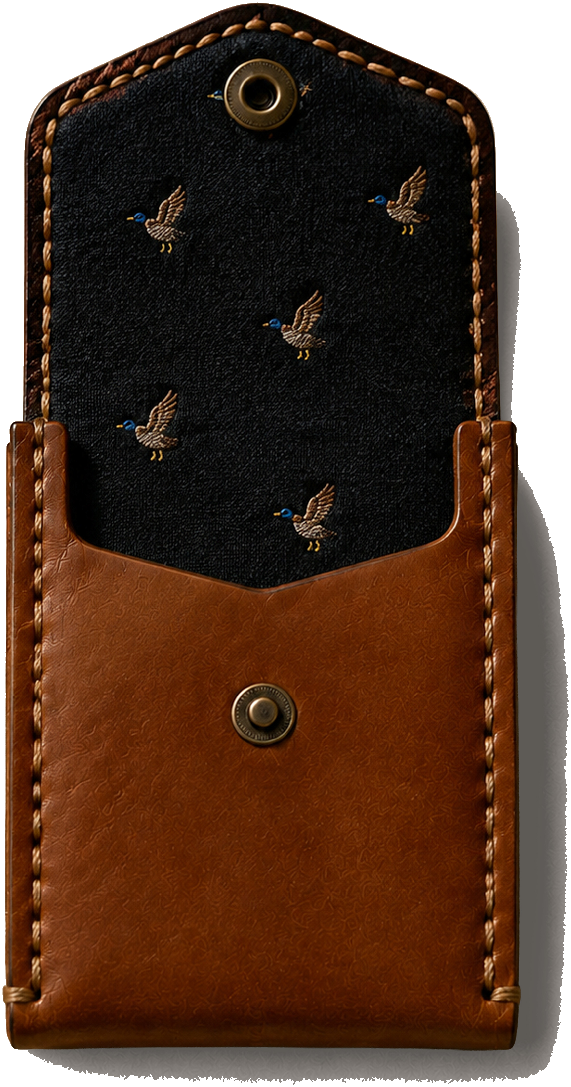 An XKv wallet open, showing its duck-patterned silk lining
