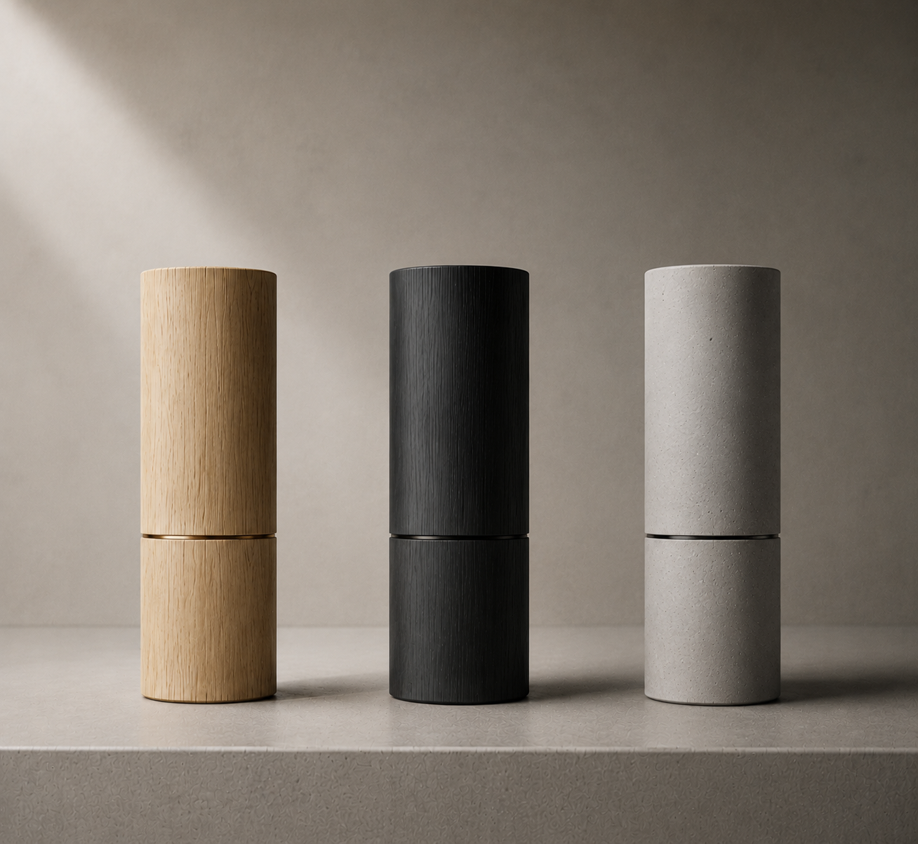 Three mills in oak, blackened oak and stone on a concrete ledge